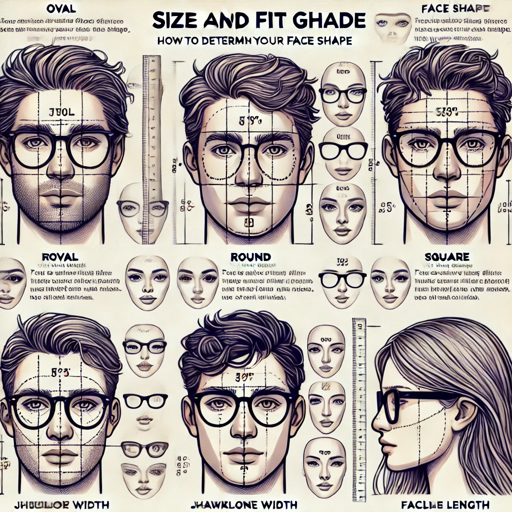 A size and fit guide showing how to determine your face shape and choose the right eyewear. The image includes a detailed illustration of different face shapes (oval, round, square, heart-shaped) with examples of corresponding frame styles that suit each shape. Next to each face shape, there are descriptions on how to measure your face using a ruler or tape measure, highlighting key areas like forehead width, cheekbone width, jawline width, and face length. The design should be clear, modern, and easy to understand.